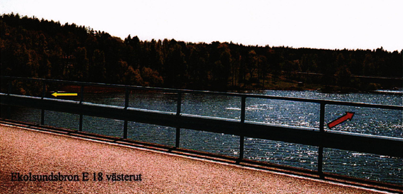 Ekolsundsbron där kroppen hittades 2002, markerad med gul pil. © Polisen